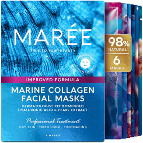 MAREE front packaging showing six hydrating sheet masks for convenient home spa