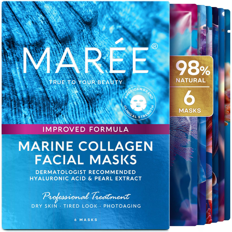 MAREE front packaging showing six hydrating sheet masks for convenient home spa