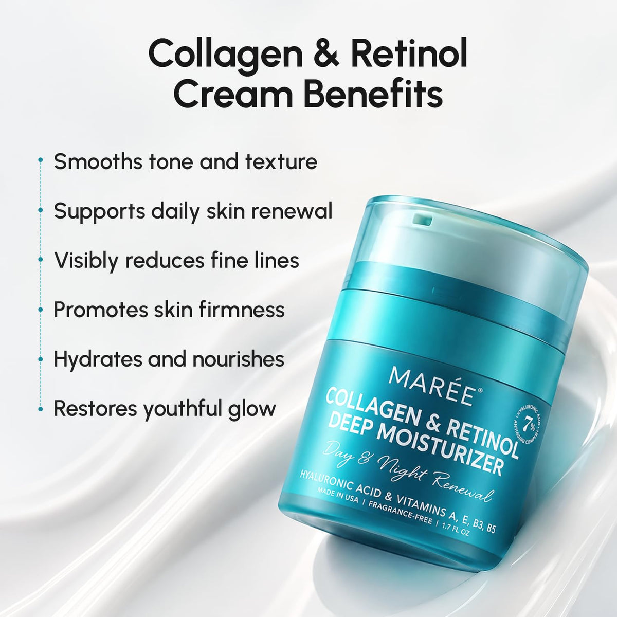 MAREE ingredient label featuring collagen, hyaluronic acid, and retinol benefits clearly
