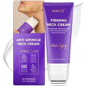 MAREE front packaging of neck cream showing bottle and roller for easy application