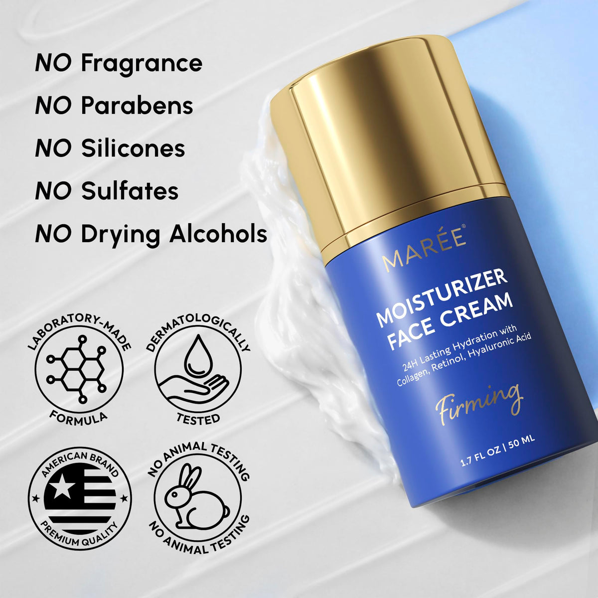MAREE natural ingredients display of shea, squalane and hyaluronic acids
