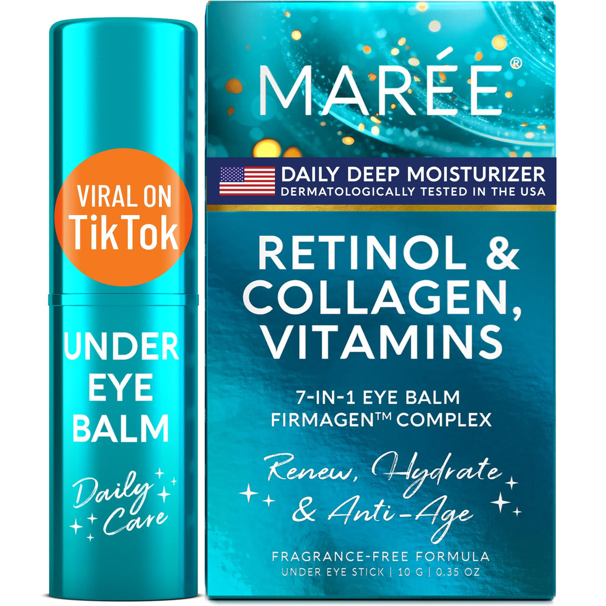 MAREE front packaging showing compact under eye balm stick for easy travel