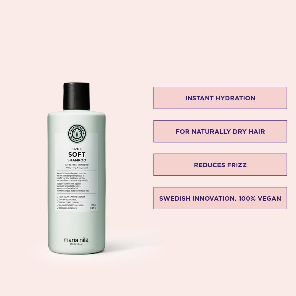 Maria Nila True Soft close-up of pump and label highlighting vegan and sulfate-free benefits
