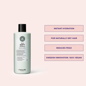 Maria Nila True Soft close-up of pump and label highlighting vegan and sulfate-free benefits