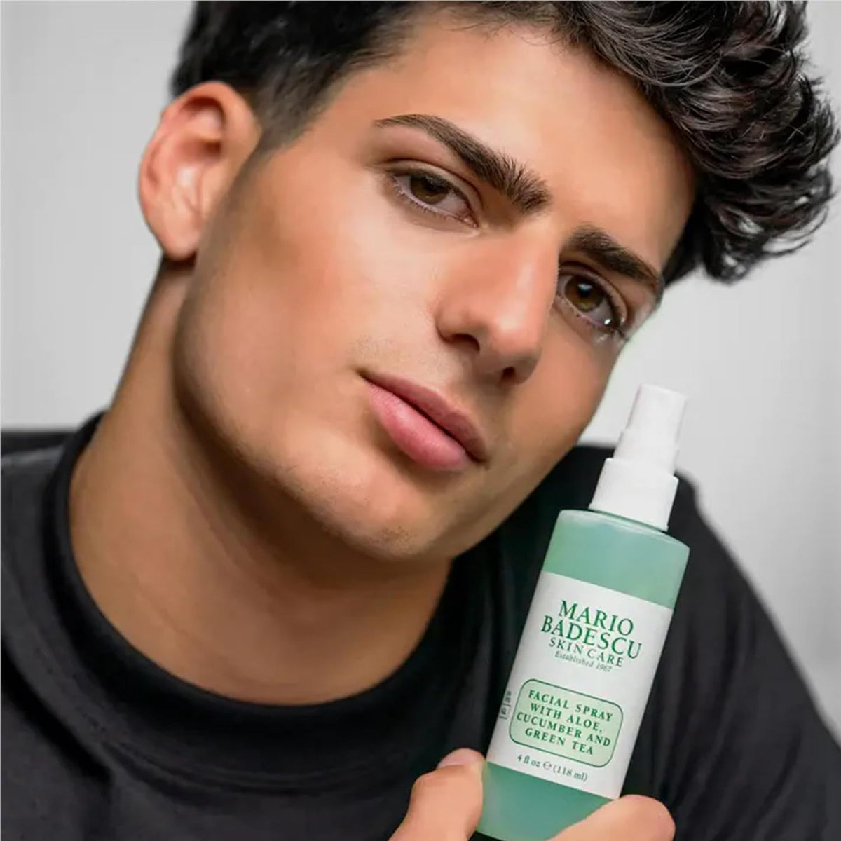Mario Badescu Aloe Chamomile Lavender label close-up, highlights calming botanicals