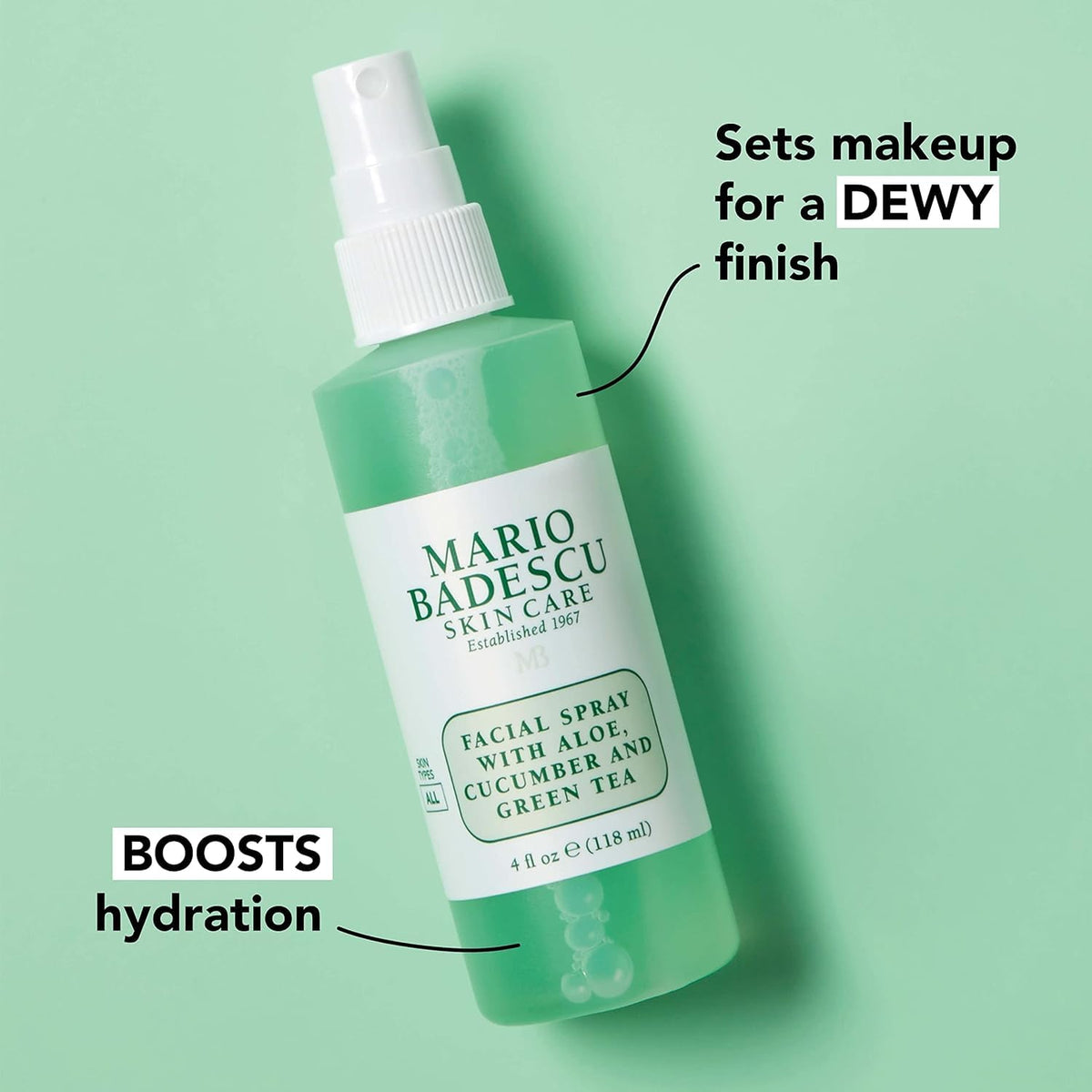Mario Badescu Aloe Cucumber Green Tea label close-up, emphasizes antioxidant boost