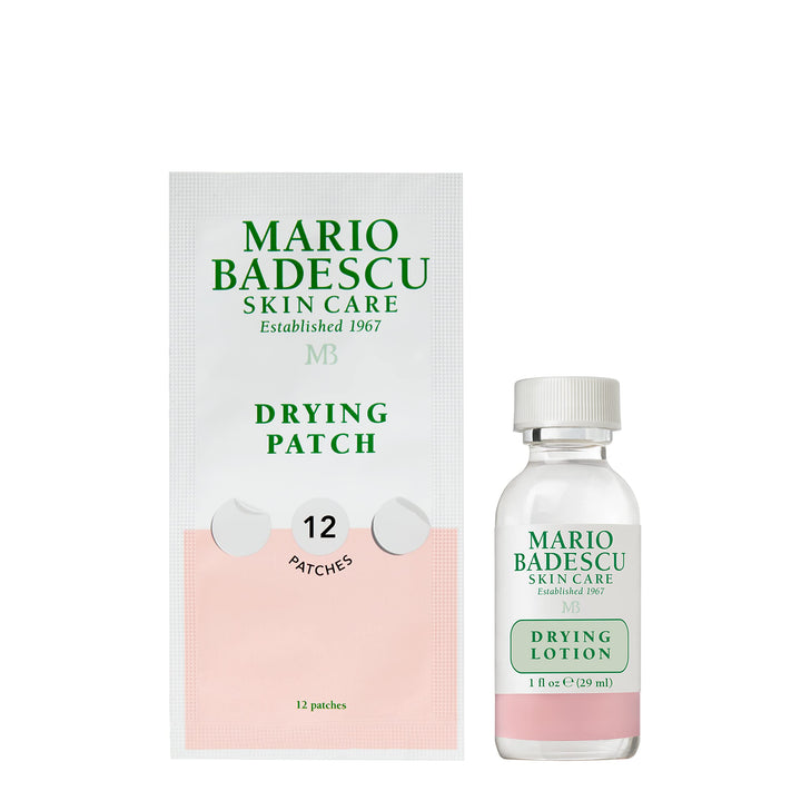 Mario Badescu drying lotion front packaging showing compact bottle and clear label for targeted drying