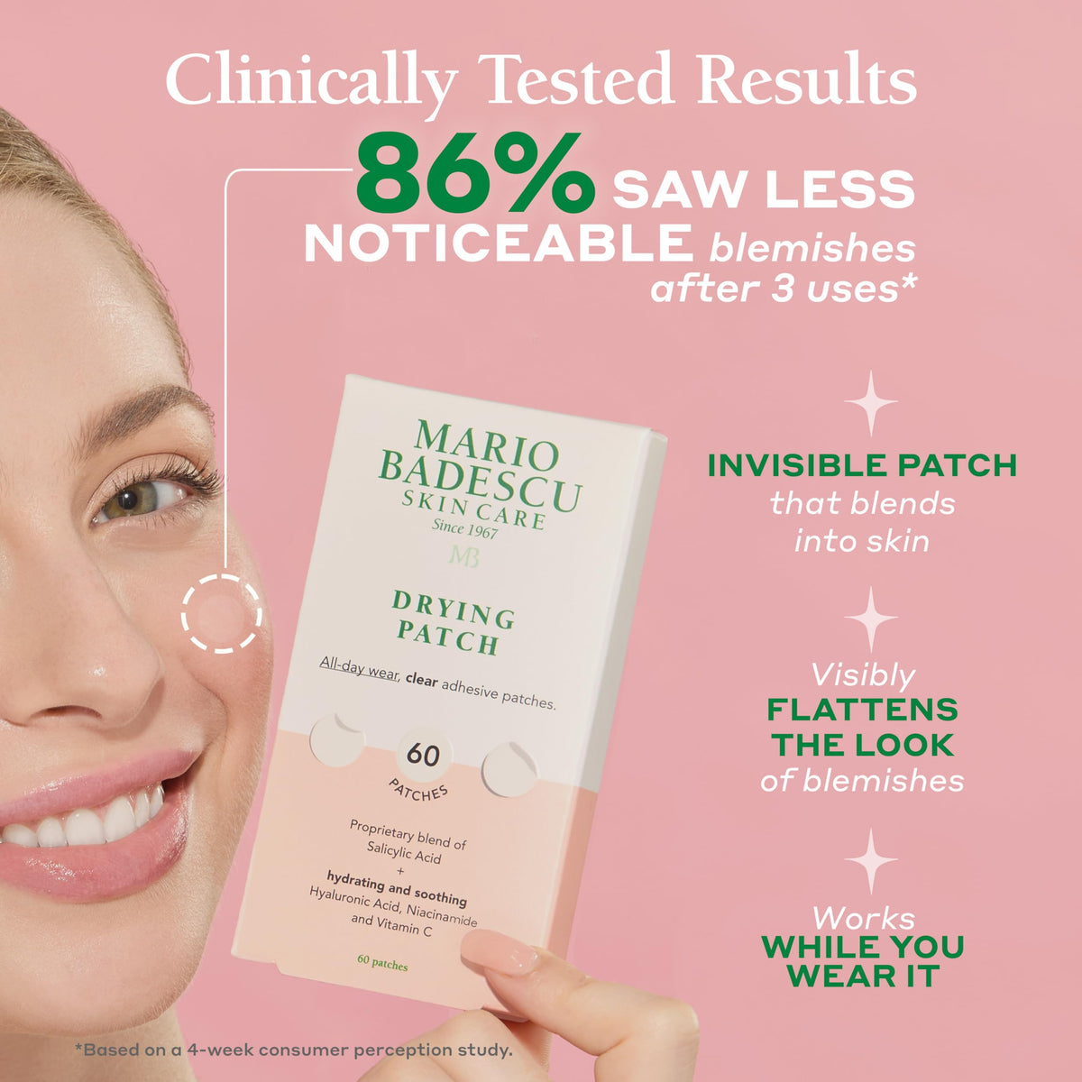 Mario Badescu patches dispensed on fingers ready to apply for fast treatment