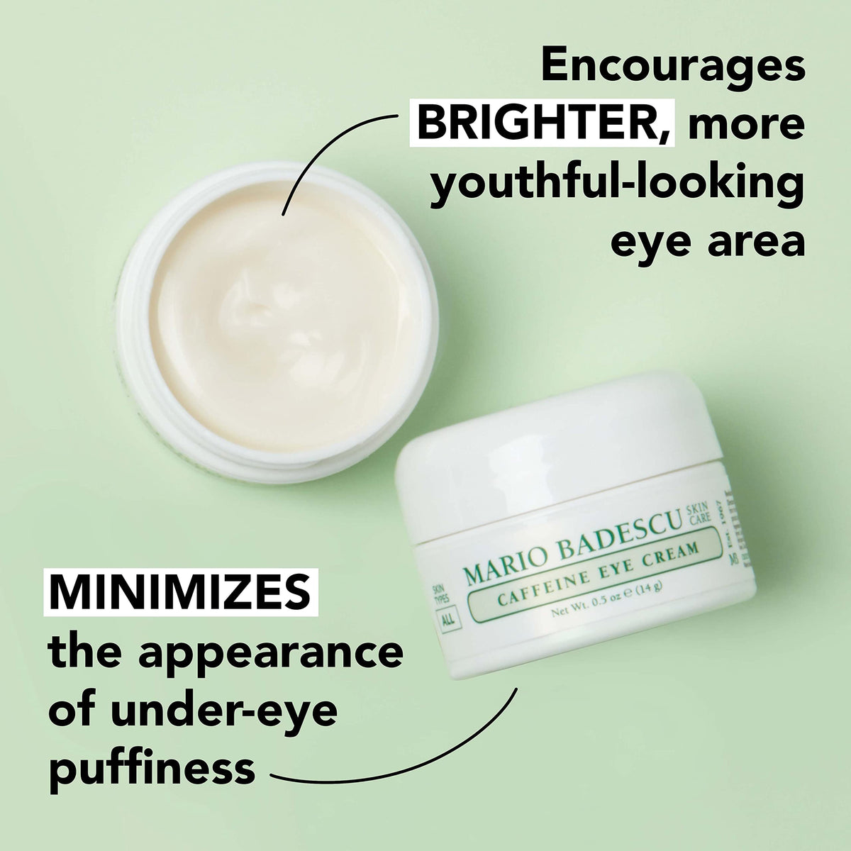 Mario Badescu applying cream under eye demonstrating quick absorption and de-puffing