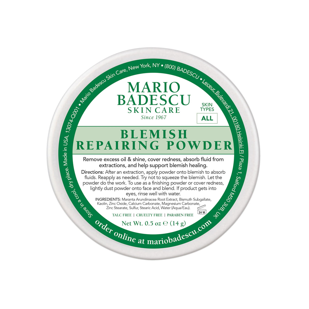 Mario Badescu front packaging showing compact blemish powder for touch-ups
