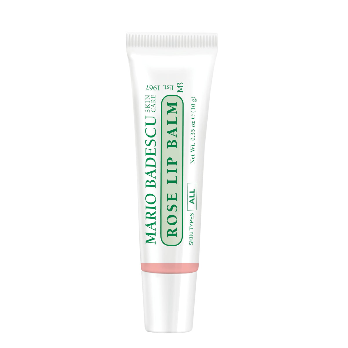 Mario Badescu front tube of rose lip balm showing packaging and instant hydration