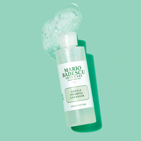 Mario Badescu foaming dispenser producing soft foam, highlights gentle cleansing