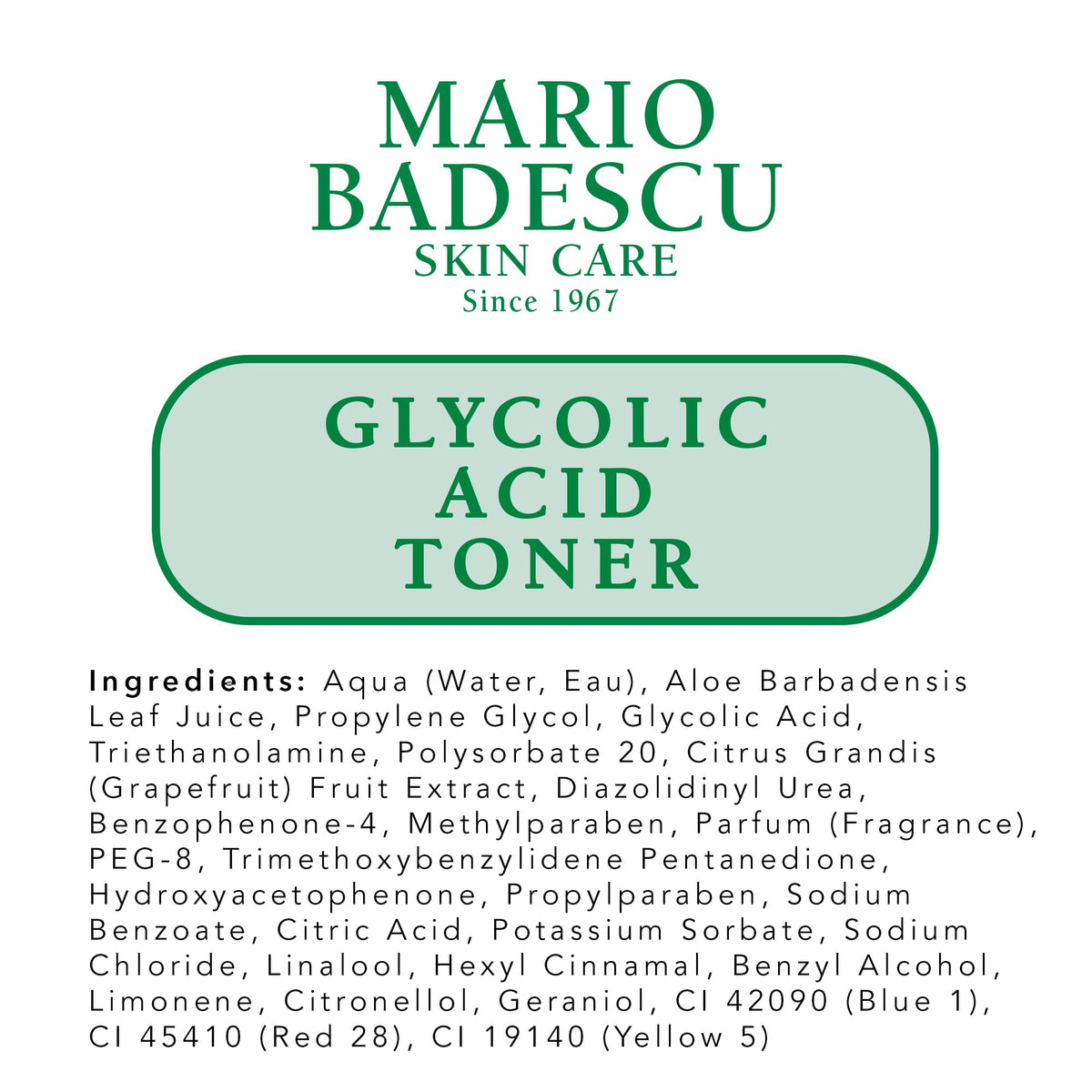 Mario Badescu ingredients close-up emphasizing glycolic and grapefruit benefits