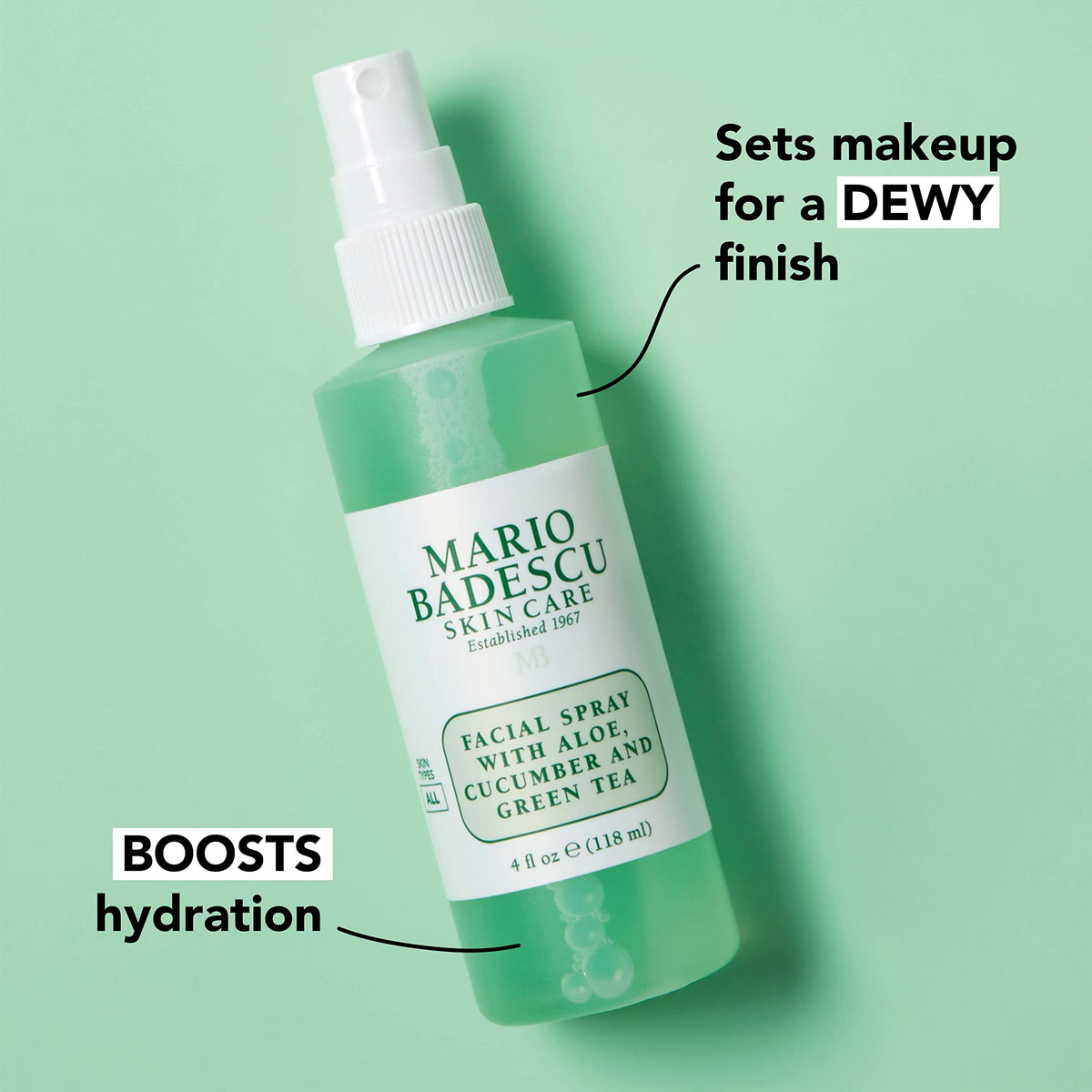 Mario Badescu ingredient label detail highlighting aloe, cucumber and green tea