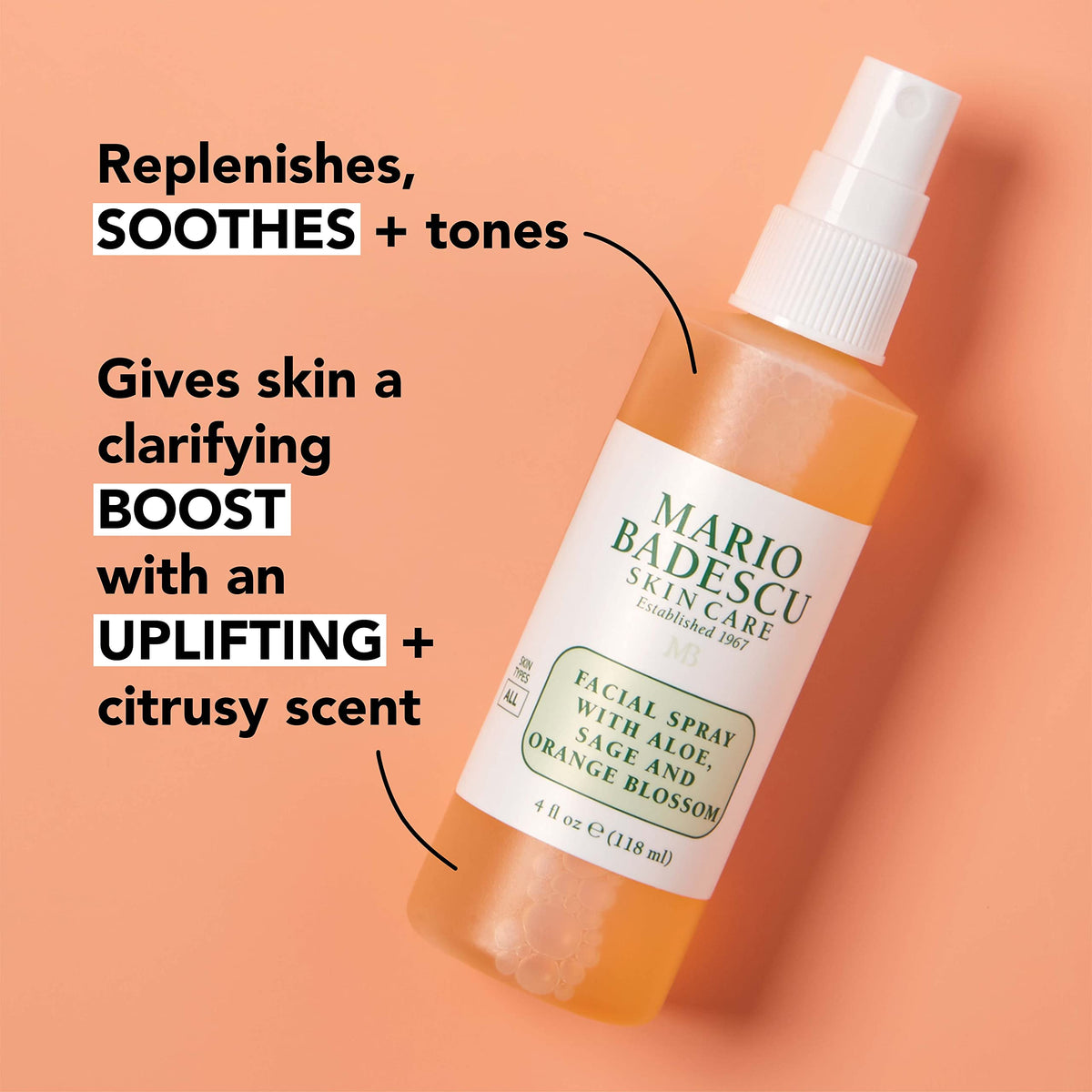 Mario Badescu label close-up highlighting aloe sage orange blossom ingredients for clarity