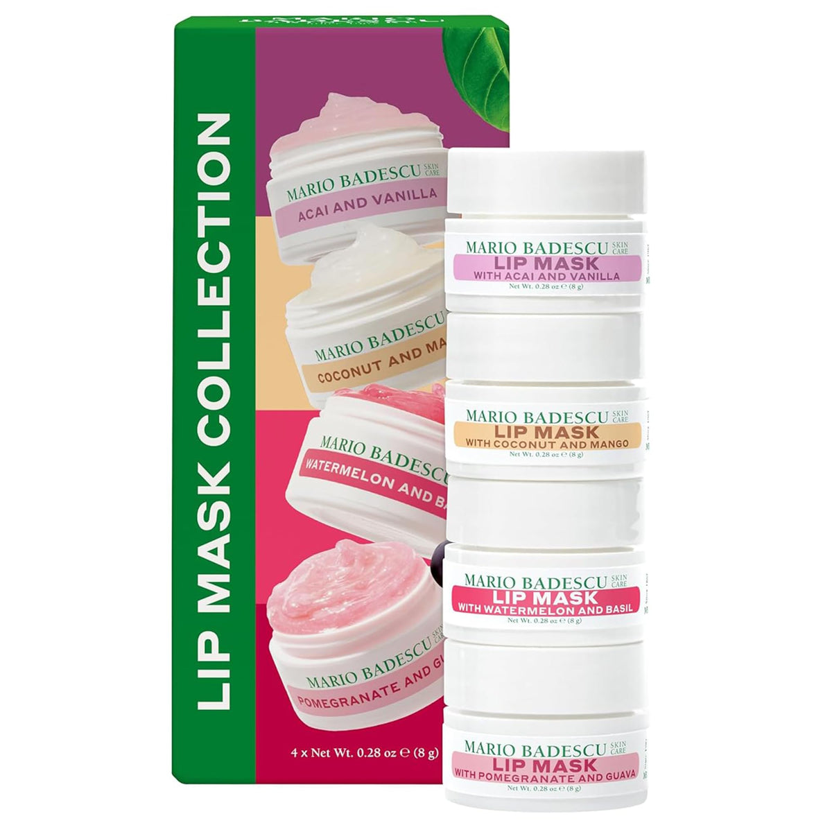 Mario Badescu front packaging of four lip masks, clear gift-ready presentation and variety