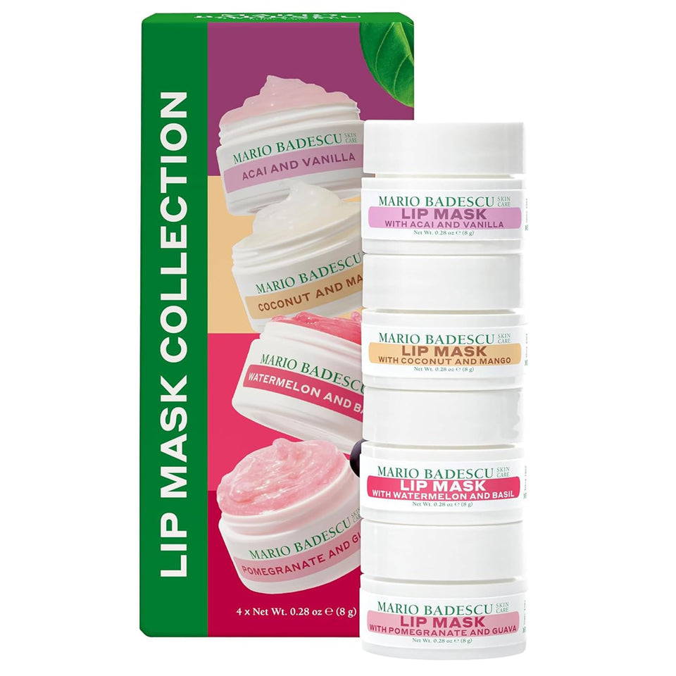 Mario Badescu front packaging of four lip masks, clear gift-ready presentation and variety
