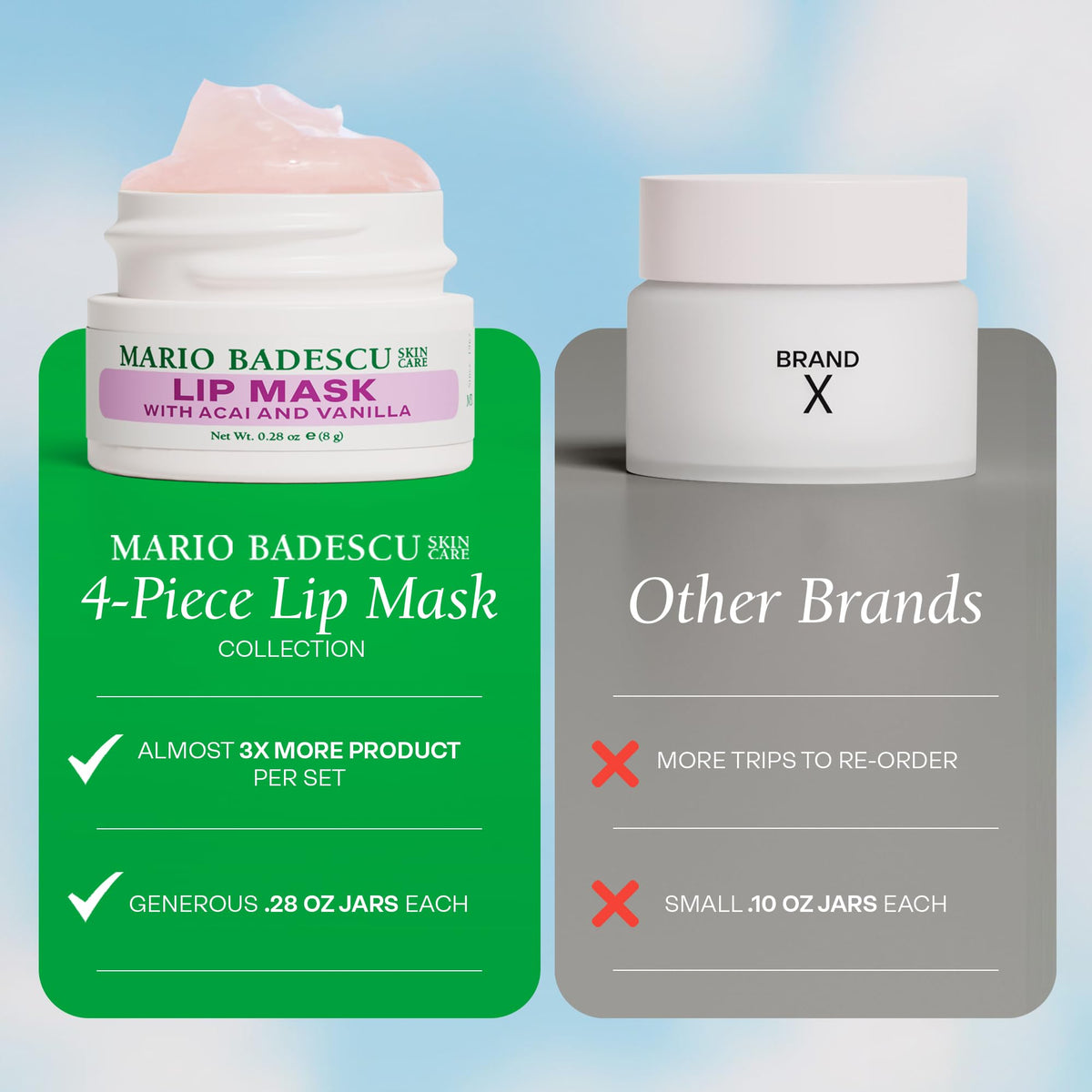 Mario Badescu lip mask jars in hand showing compact size for travel and convenience