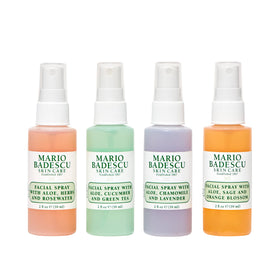 Mario Badescu front packaging of four mini facial mists, convenient travel set