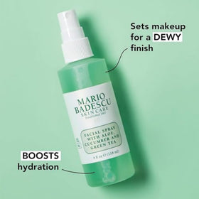 Mario Badescu mist droplets on skin demonstrating a cooling finish and instant refresh