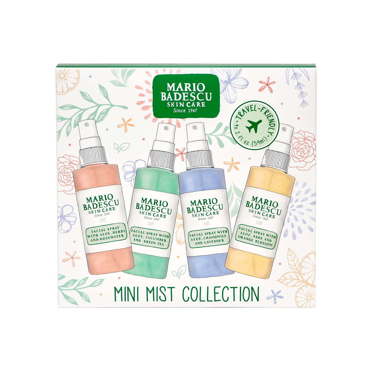 Mario Badescu four mini mists laid beside a tote bag for on-the-go refreshing benefit