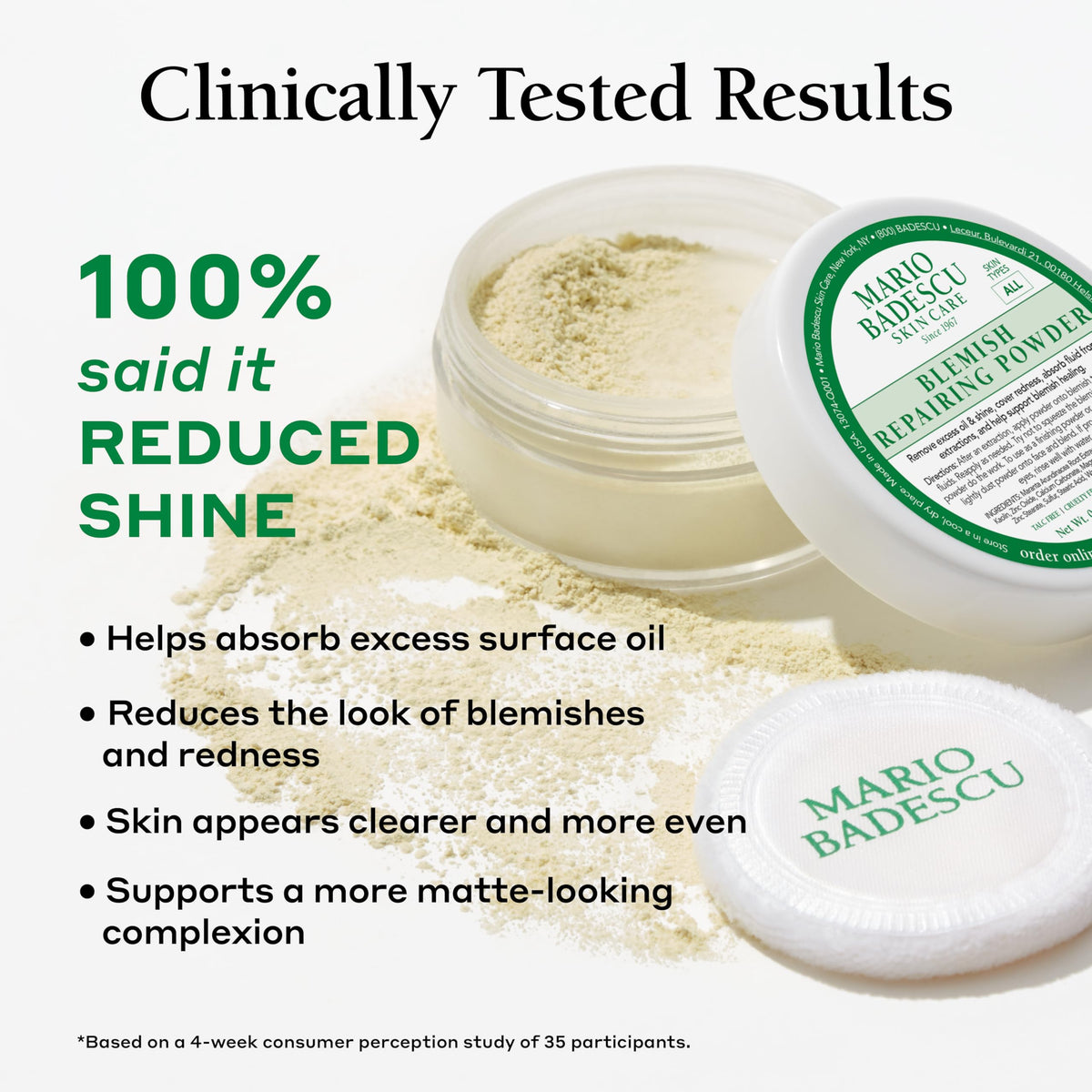 Mario Badescu powder on fingertip demonstrating easy targeted application