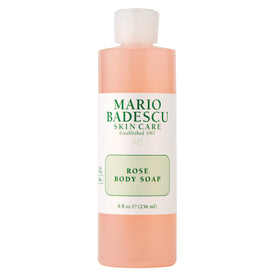 Mario Badescu front packaging of rose body soap showing bottle and label, clear benefit soft scent