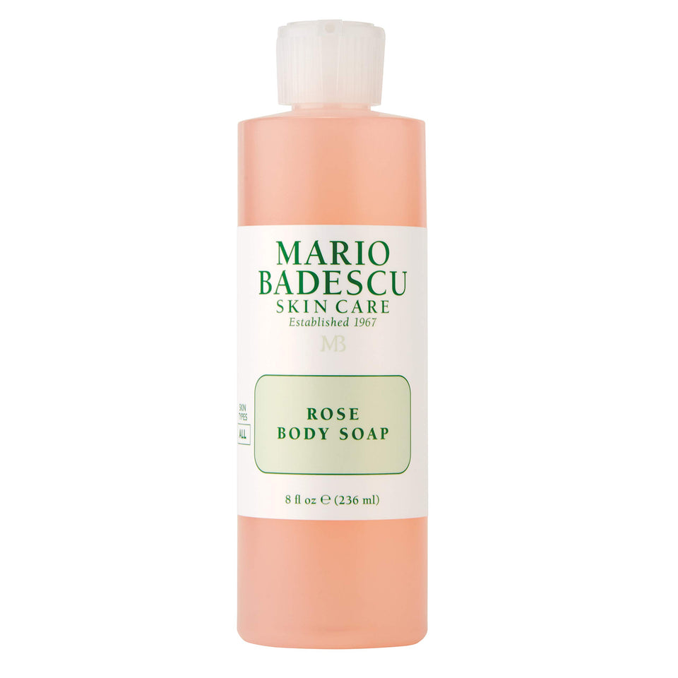 Mario Badescu front packaging of rose body soap showing bottle and label, clear benefit soft scent