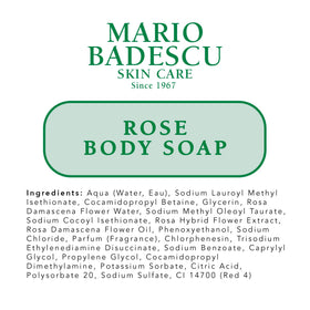 Mario Badescu rose body soap on bathroom shelf with towels, creates a calming shower ritual