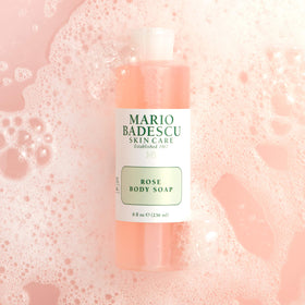 Mario Badescu pump close-up dispensing rose shower gel, precise application and easy use