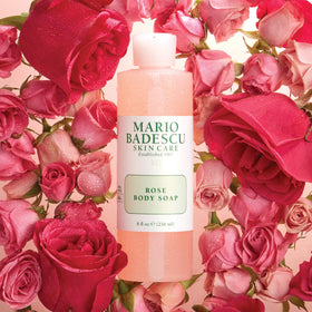 Mario Badescu rose body soap foamy texture on sponge, gentle lather that hydrates skin