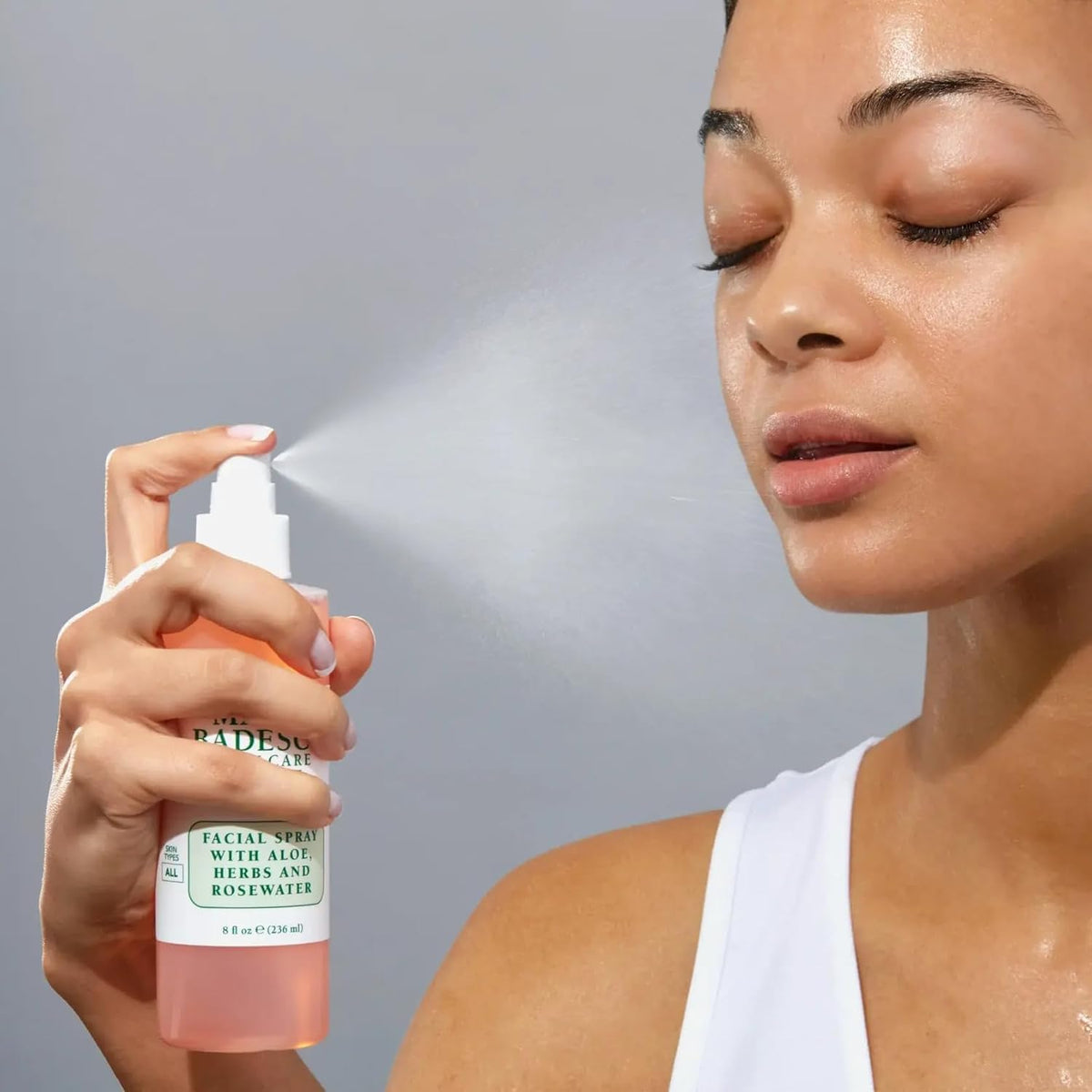 Mario Badescu rosewater bottle close-up highlighting label and rose botanical benefit