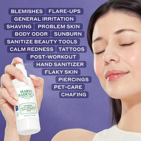 Mario Badescu bottle next to water bottle shows portable 2 fl oz size