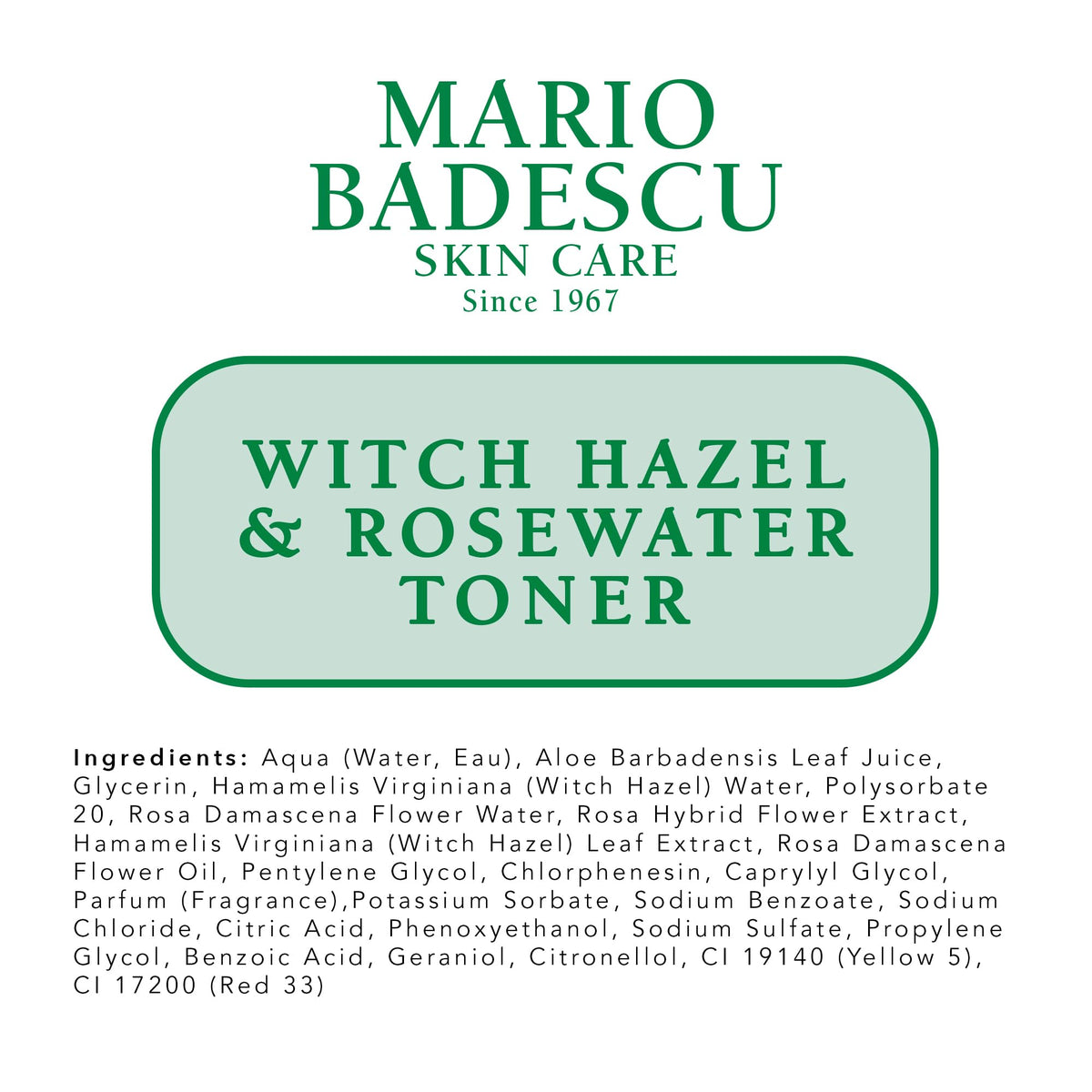 Close-up of rose petals and witch hazel with Mario Badescu highlighting botanical benefits