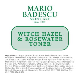 Close-up of rose petals and witch hazel with Mario Badescu highlighting botanical benefits