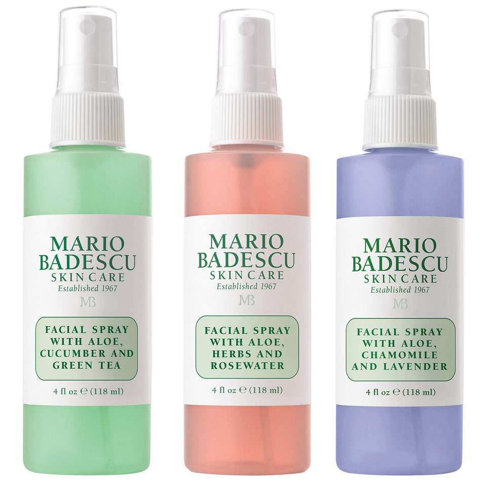 Mario Badescu trio front packaging showing three mists for convenient hydration