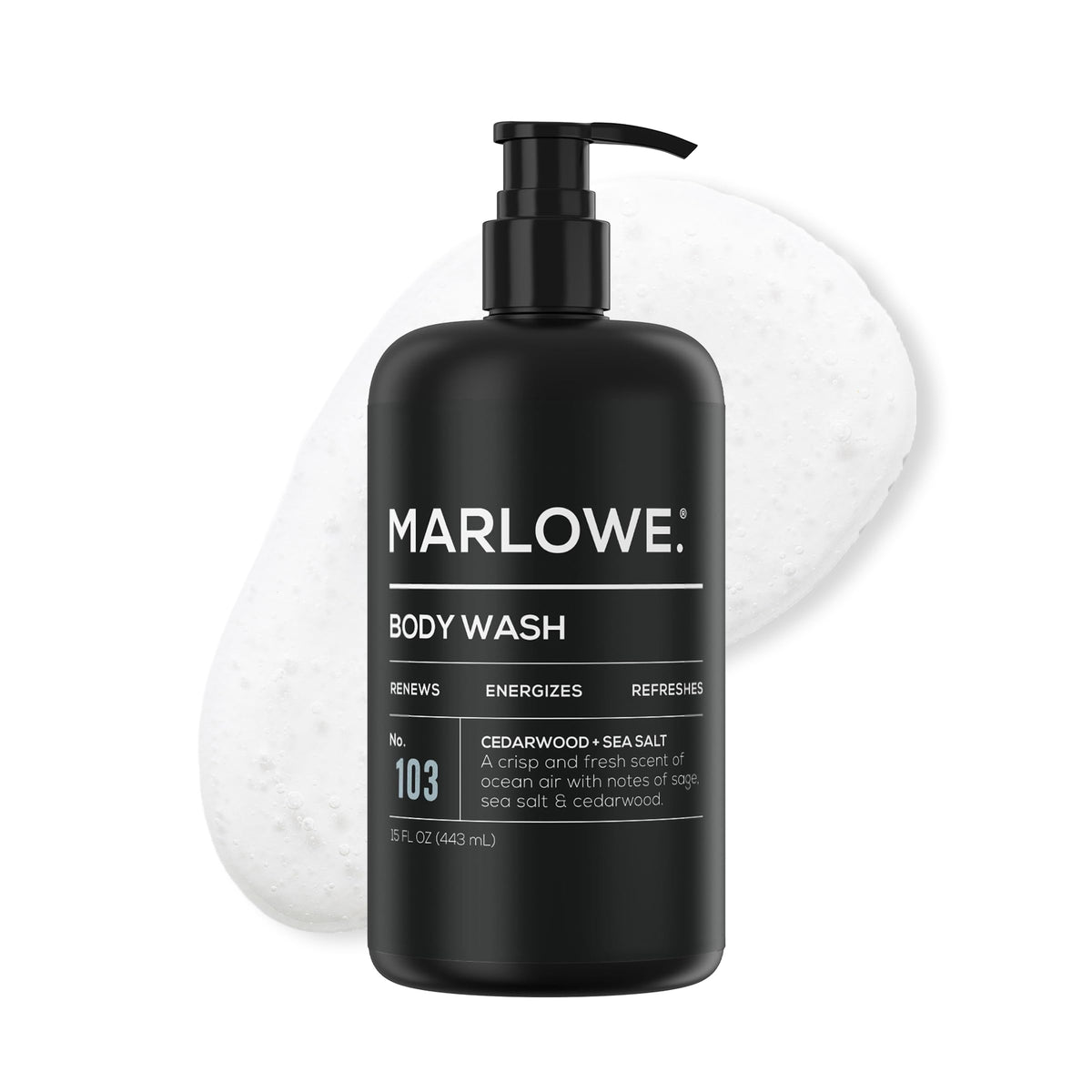 MARLOWE. front pump bottle showing product branding and fresh cedarwood scent benefit