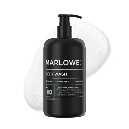 MARLOWE. front pump bottle showing product branding and fresh cedarwood scent benefit