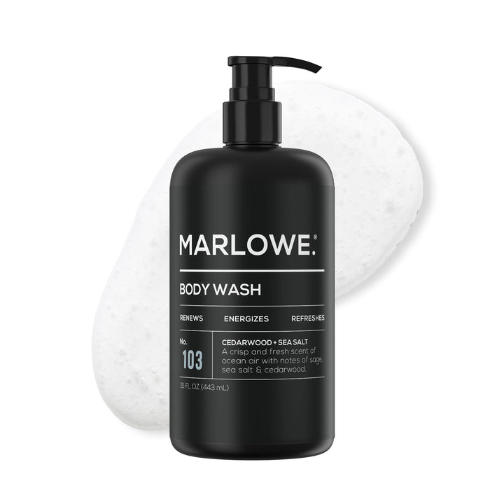 MARLOWE. front pump bottle showing product branding and fresh cedarwood scent benefit
