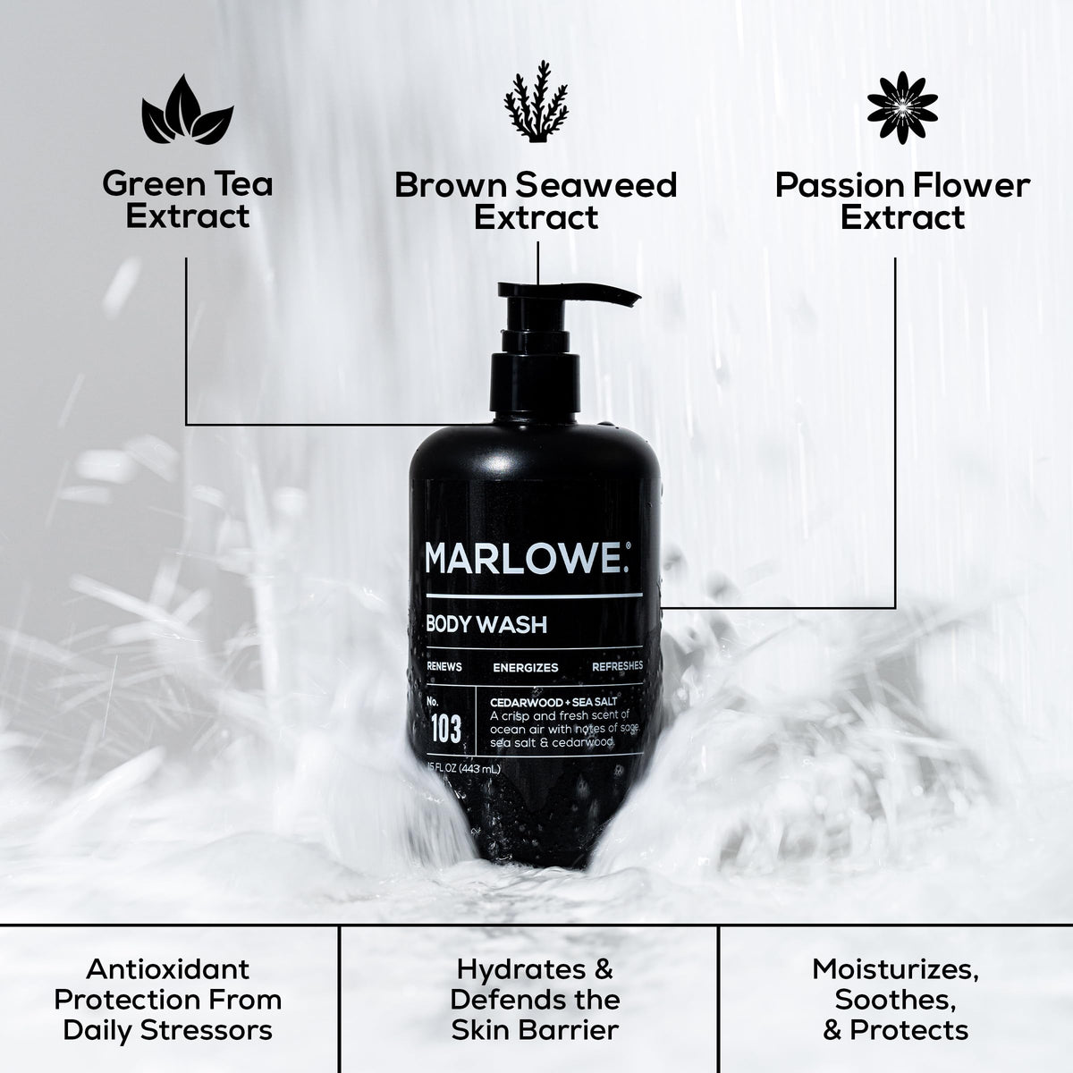 Rich foamy lather from MARLOWE. body wash illustrating cleansing and hydration
