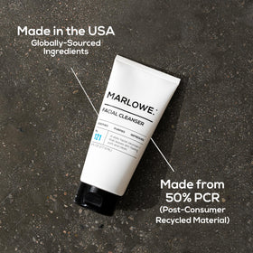 MARLOWE. cleanser paired with moisturizer on bathroom shelf