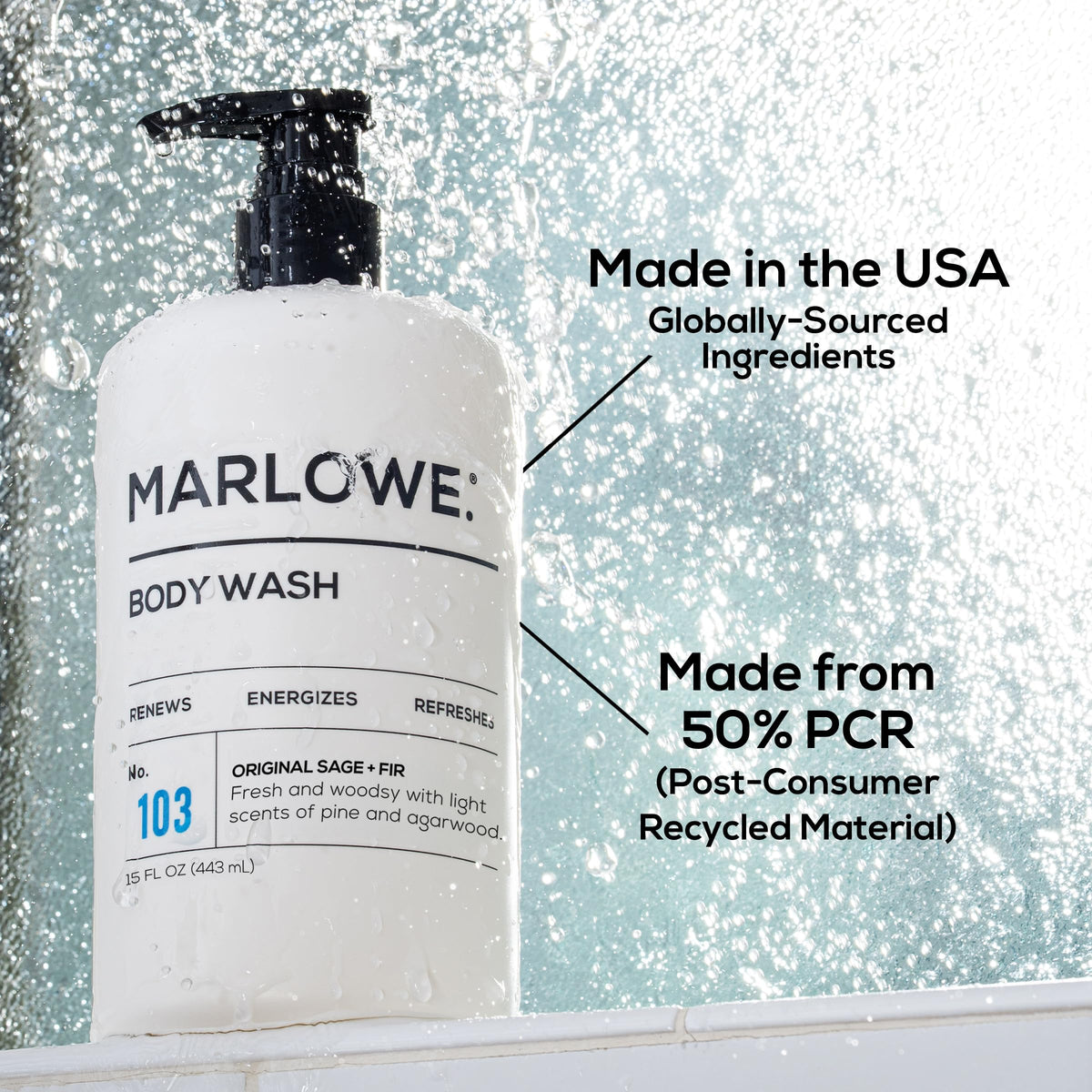 MARLOWE. pump on bathroom shelf portraying everyday grooming routine