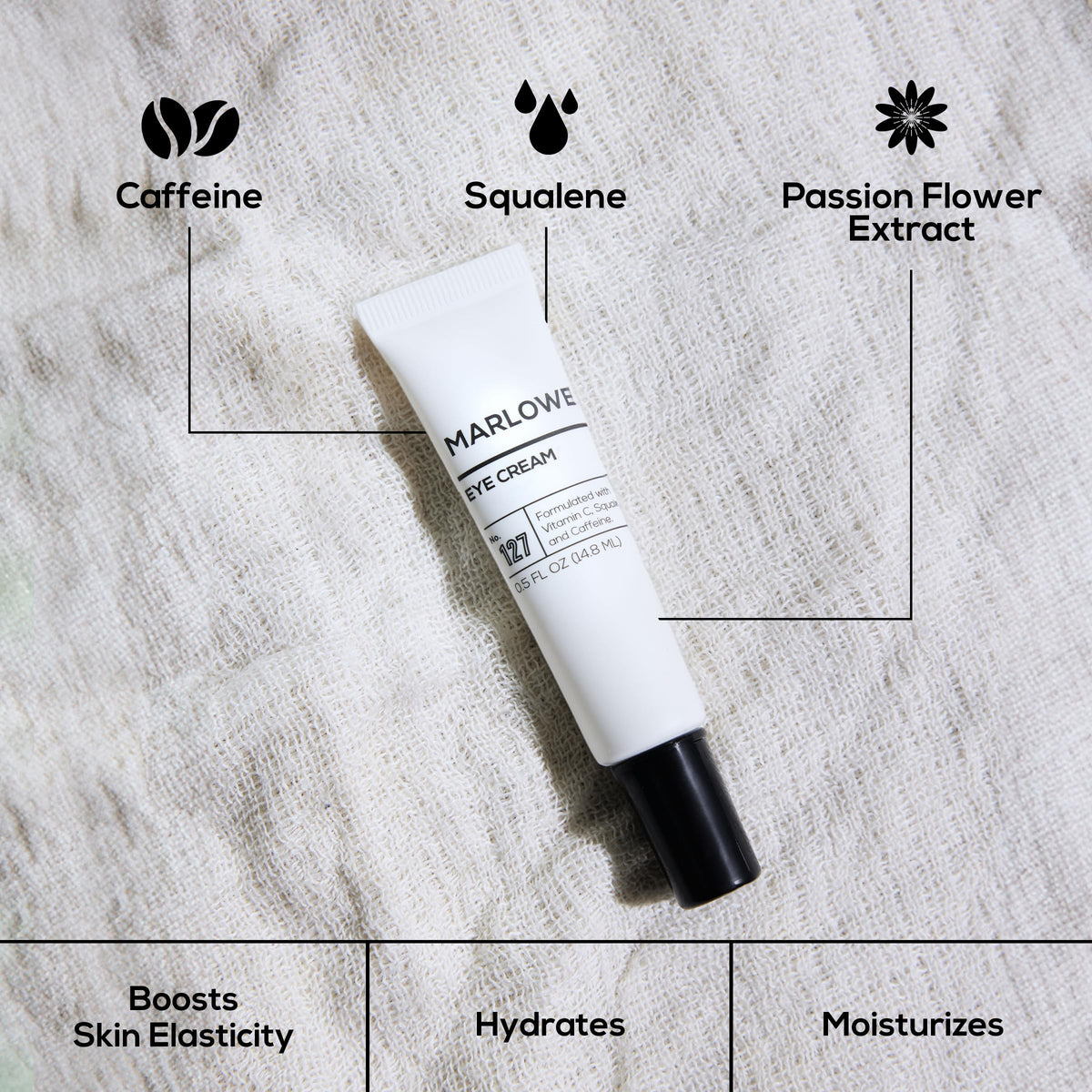 MARLOWE. ingredients display with Vitamin C and caffeine highlighting brightening benefits