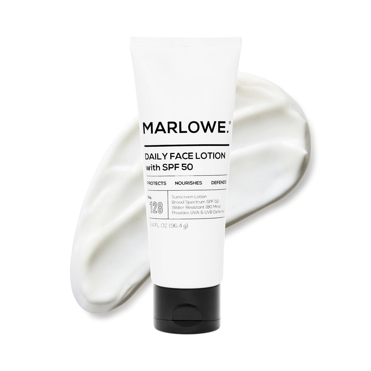 MARLOWE. front packaging of SPF 50 moisturizer showing compact tube and branding benefits
