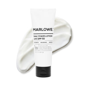MARLOWE. front packaging of SPF 50 moisturizer showing compact tube and branding benefits