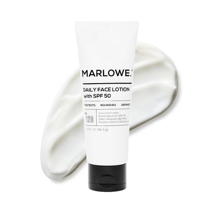 MARLOWE. front packaging of SPF 50 moisturizer showing compact tube and branding benefits