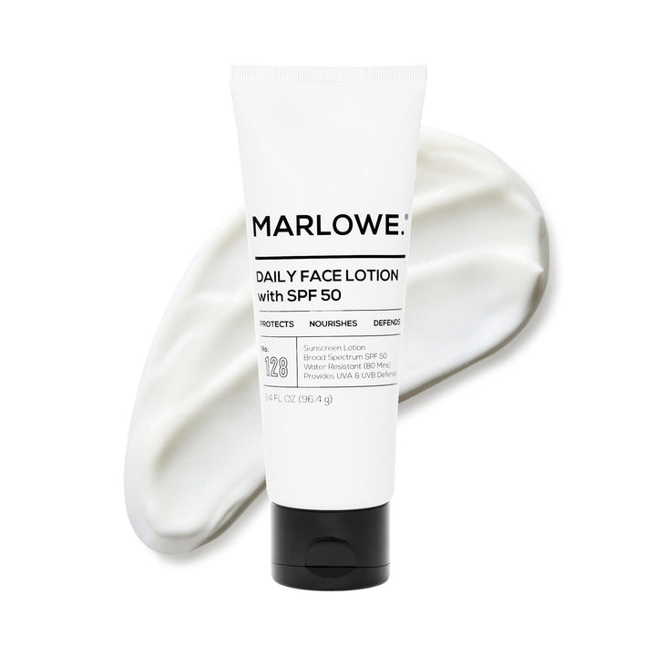 MARLOWE. front packaging of SPF 50 moisturizer showing compact tube and branding benefits