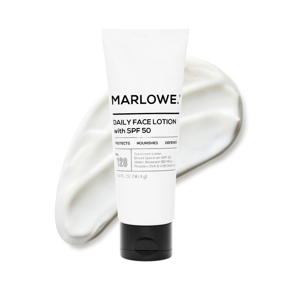 MARLOWE. front packaging of SPF 50 moisturizer showing compact tube and branding benefits