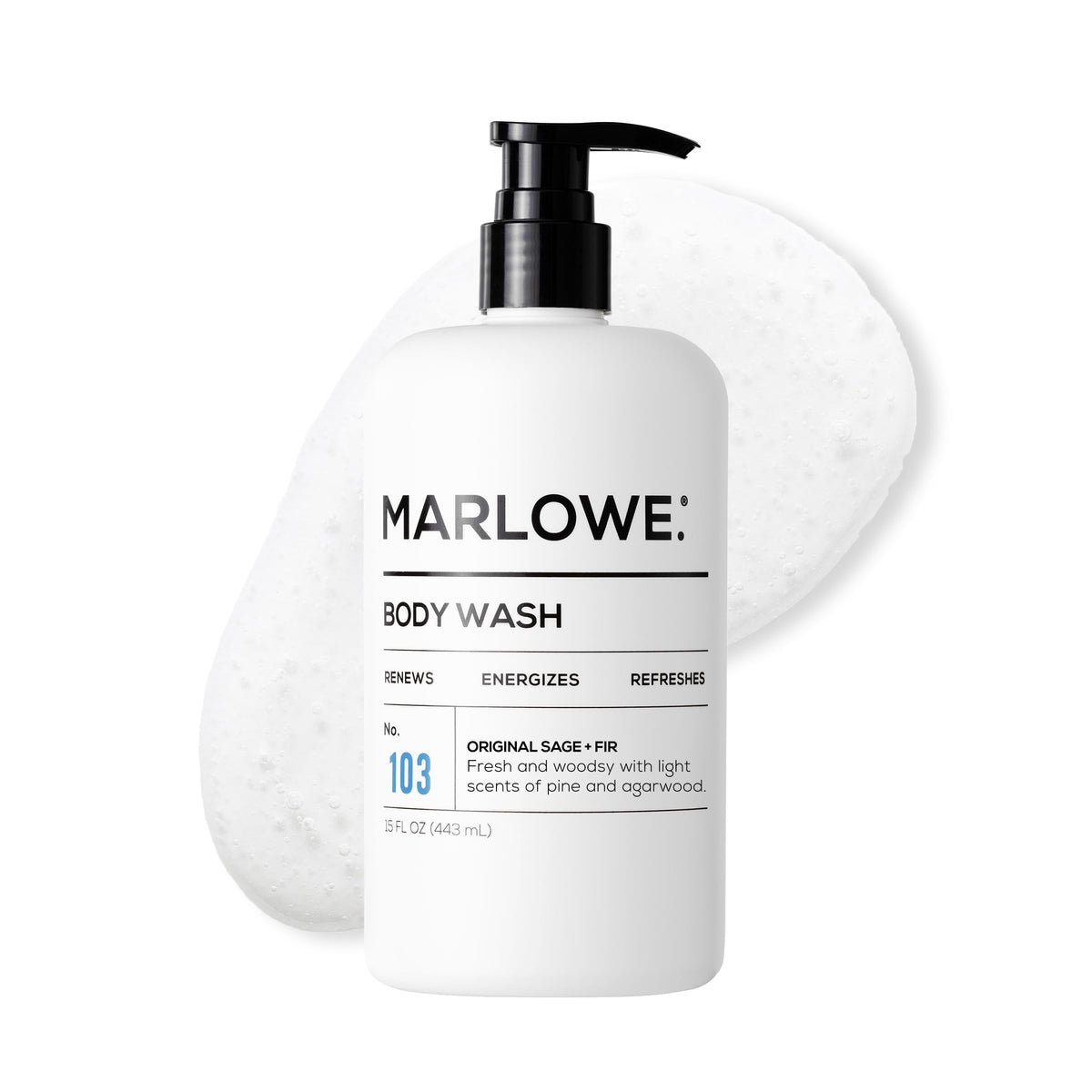 MARLOWE. front pump bottle showing 15 oz packaging and label benefit