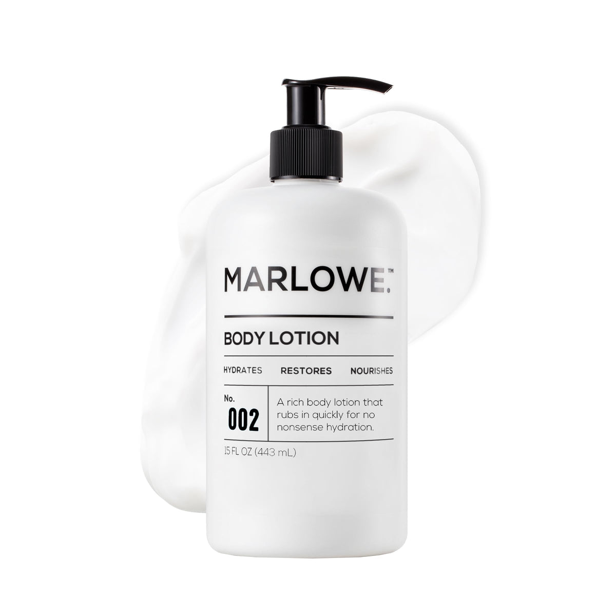 MARLOWE. front pump bottle showing label and pump for easy use